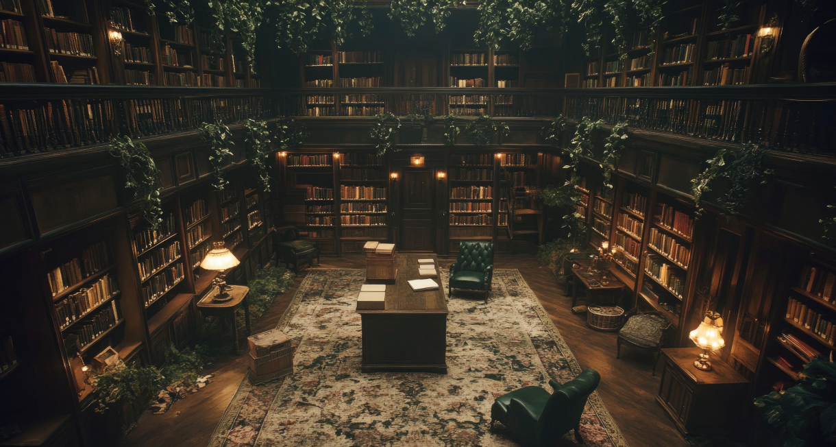 A large dark academia themed library with bookshelves on each wall, lined with foliage and a desk and seating in the middle of the room