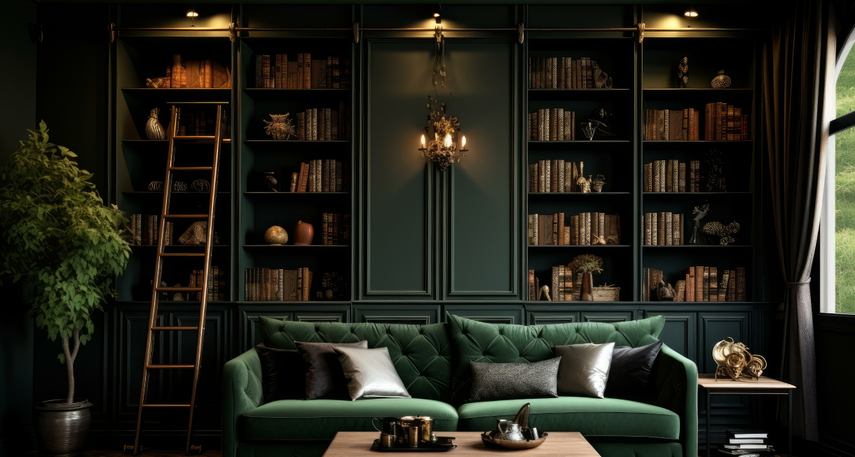 A large dark academia themed library with bookshelves on each wall, lined with foliage and a desk and seating in the middle of the room